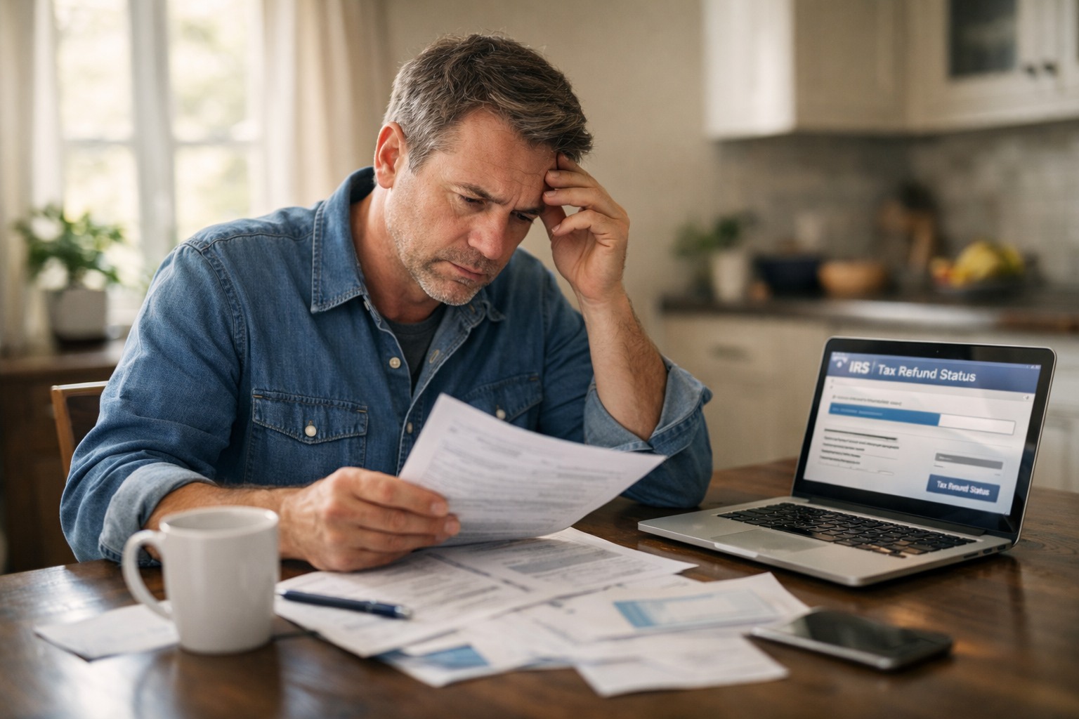 Tax refund paperwork on a desk with calculator and forms